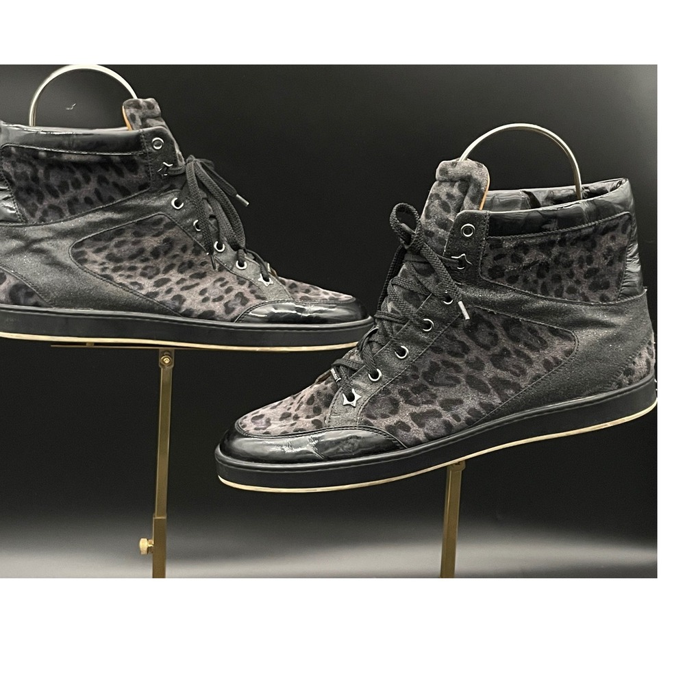 Jimmy Choo Mens 42 Black Leopard Print Suede High Top Sneakers Made Italy Tokyo